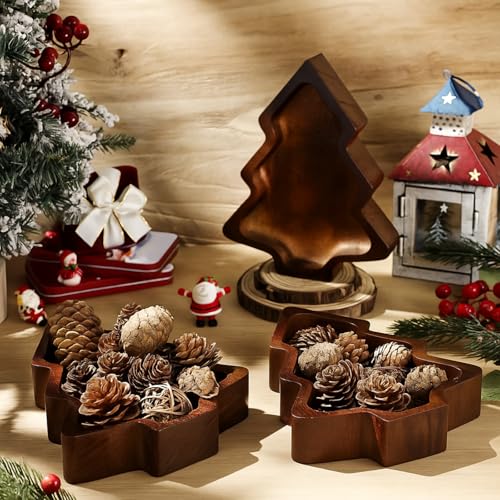 Jingmore 12 Pcs Christmas Wooden Tree-Shaped Bowls Rustic Holiday Serving Trays
