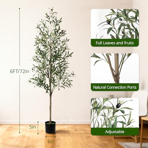 6ft Faux Olive Tree - Realistic Silk Plant with Natural Wood Trunk for Indoor Decor