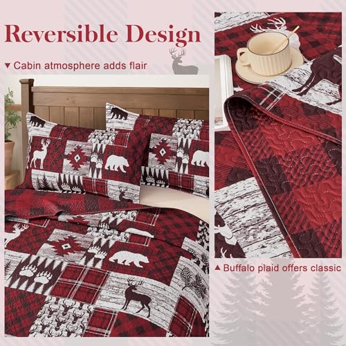 Tritard Red Bear Christmas Plaid Twin Quilt Set with Pillow Shams