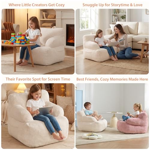 Kids Bean Bag Chair with Armrests and Side Pocket, Soft Corduroy Sofa
