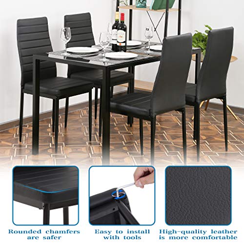 5-Piece Glass Dining Table Set with 4 Faux Leather Chairs - Black