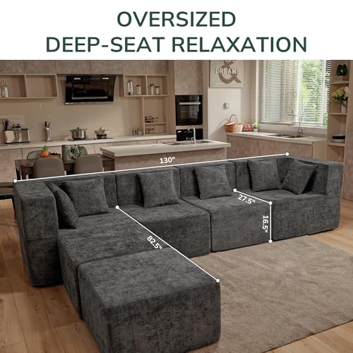 130-Inch Modular Sectional Sofa, 6-Seater Chenille Cloud Couch with Ottoman
