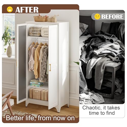 71-Inch Metal Wardrobe Closet with Mirror Door and Adjustable Shelves