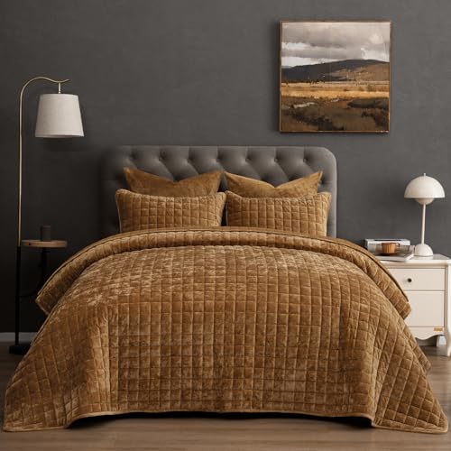 PHF Twin Size Rusty Burnt Orange Velvet Quilt Set - Luxury Square-Box Design