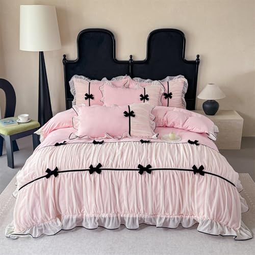 Ruffled Lace Duvet Cover Set with Bow - Queen Size Pink Princess Bedding