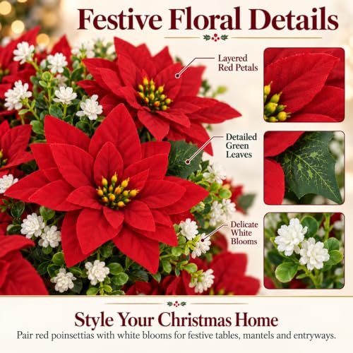 Artificial Poinsettia Flowers Set - 13 Pcs Red & White Camellias for Holiday Decor