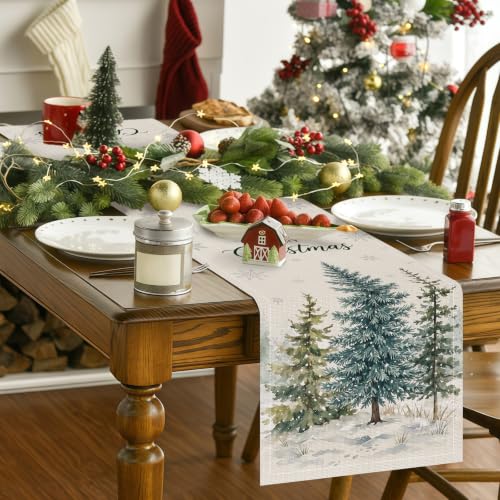 Pedenty 72 x 13 Inch Christmas Table Runner – Watercolor Snowy Pine Tree Design
