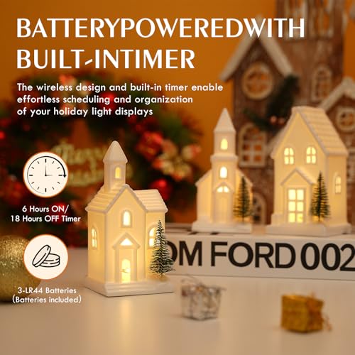 Light-Up White Ceramic Christmas Village Set with LED Trees & Timer