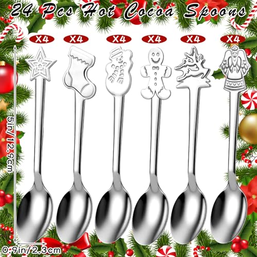 Potchen 24Pcs Christmas Stainless Steel Hot Chocolate Spoons with 6 Styles for Dessert & Baking