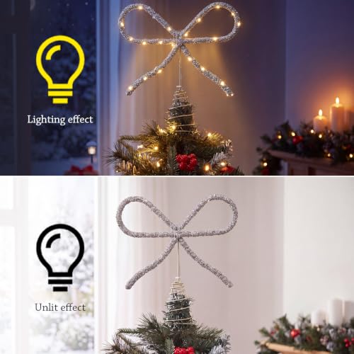Retisee Silver 9.8 Inch Bow Christmas Tree Topper with LED Rhinestones