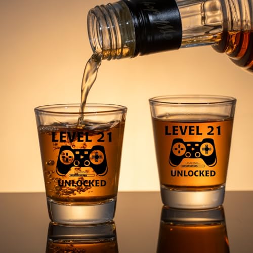 Ithmahco 21st Birthday Gift Set - Level 21 Unlocked Shot Glass & Wooden Box - Gaming Milestone Celebration - Variation: Transparent