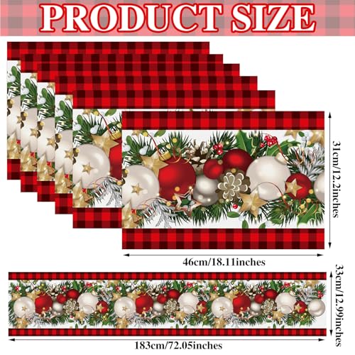 VitalCozy Christmas Buffalo Plaid Table Runner & 6 Placemats Set - Holiday Decor