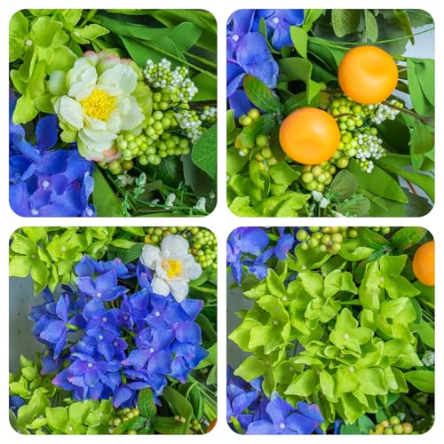 24-Inch Silk Hydrangea Wreath with White Blossoms and Mini Mandarins