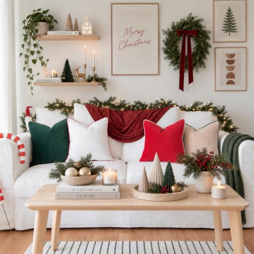 MONDAY MOOSE Christmas Decorative Throw Pillow Covers Set of 4, 16x16 Inch Velvet, Red/Green/Beige/White