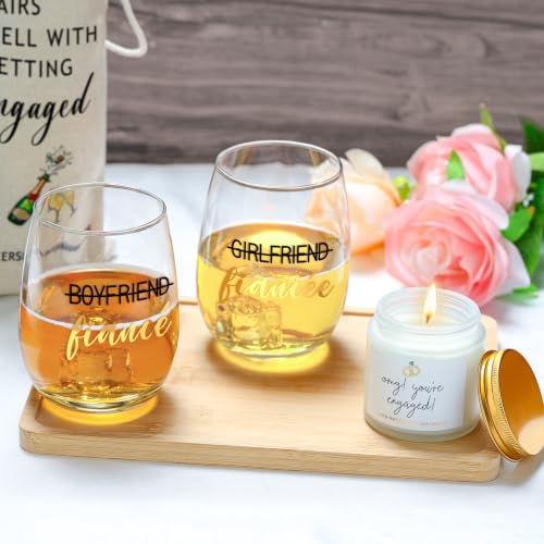 Engagement Gift Set for Couples with Wine Glasses, Scented Candle, and Wine Bag