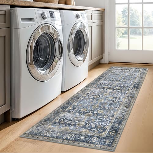 Vintage Washable Runner Rug 2x6 - Non-Slip Distressed Floral Hallway Carpet