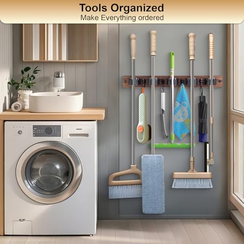 Rustic Wood Broom and Mop Holder Wall Mount with 5 Slots and 4 Hooks