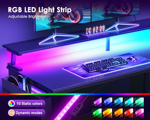 48-Inch L-Shaped Gaming Desk with LED Lights, Power Outlets & Storage