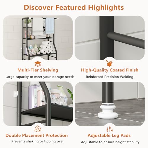 UDEAR Black 3-Tier Over Toilet Storage Rack with Hanging Rod Bathroom Organizer