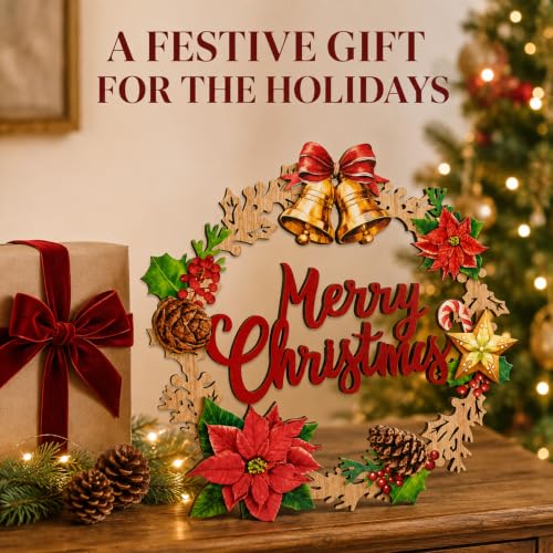 SWEKKE Style7 Christmas Wooden Door Sign - Hanging Wreath Decor with Bells, Poinsettia & Pine Cone