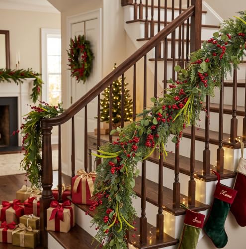 6FT Norfolk Pine Christmas Garland with Eucalyptus Red Berries - TAPBUY Christmas Garland (Variation: Christmas Garland) Indoor Holiday Decor