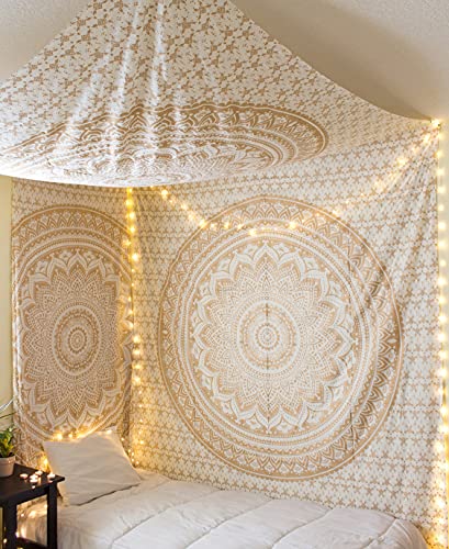 Boho Mandala Tapestry Wall Hanging - White Gold Bedroom Decor (30x40 Inches)