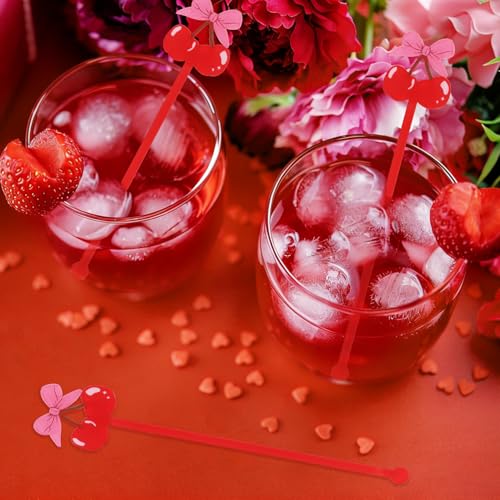 Pink Bow Cherry Cocktail Stirrer Set - 30 Reusable Swizzle Sticks for Drinks & Parties