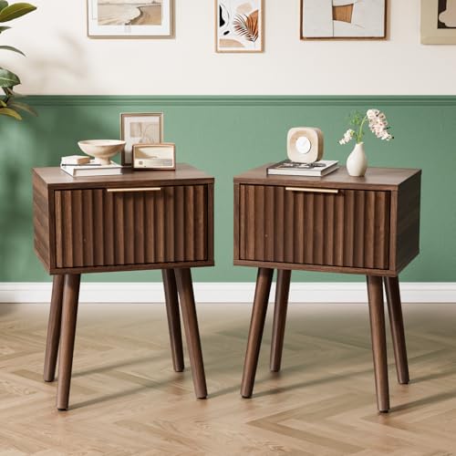 Fluted Nightstand Set of 2, Mid-Century Modern Wood Bedside Tables, Walnut