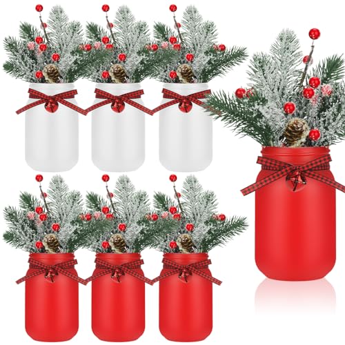 Lyrow Red & White Bell Mason Jar Christmas Centerpieces - Pack of 6