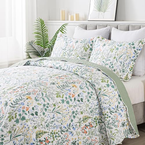 HoneiLife Queen Floral Quilt Set - 3 Piece Reversible Microfiber Coverlet
