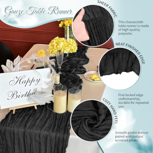 Black Boho Cheesecloth Table Runner 12 Pack 17x108 Inches - Elegant Sheer Gauze for Weddings & Events