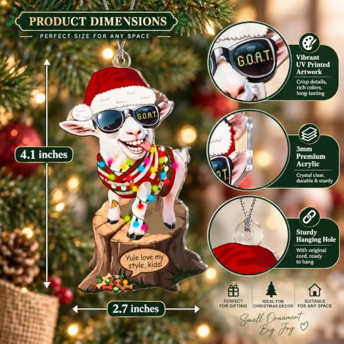 NELXI Funny Goat Christmas Ornament 2026 - Unique Acrylic Hanging Decor, Santa Hat, Festive Sweater, Farmhouse Style, Gift for Goat Lovers, 3.3