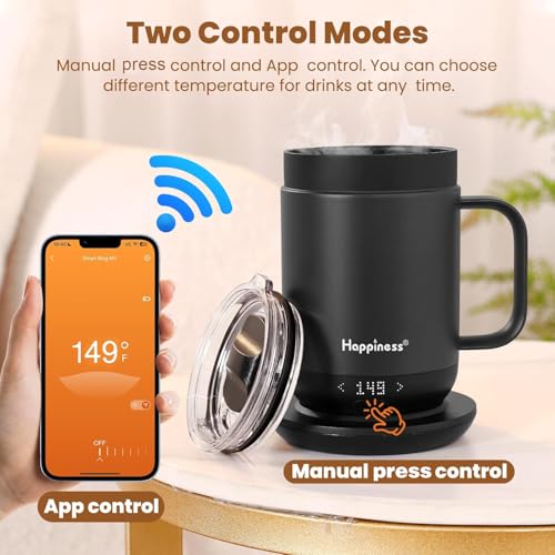 Happiness 16oz Self-Heating Coffee Mug with Temperature Control & Spill-Resistant Lid - Black