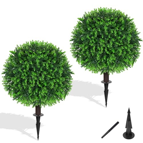 2 Pack Artificial Eucalyptus Topiary Ball Trees, 16-Inch UV-Resistant Plant