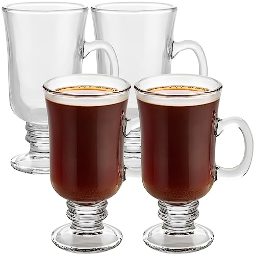PARNOO Irish Coffee Mugs Set of 4 - 8 oz Clear Glass Hot Beverage Cups with Handle & Footed Stem Base
