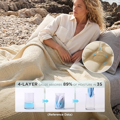 100% Cotton Muslin Blanket King Size - Lightweight Breathable 4-Layer Gauze Throw, Linen Beige, 108x90 Inches