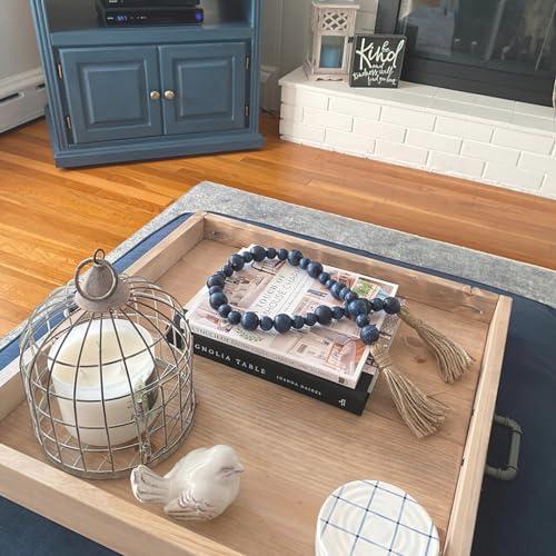 32-Inch Rustic Blue Wooden Bead Garland with Tassel, Boho Farmhouse Decor