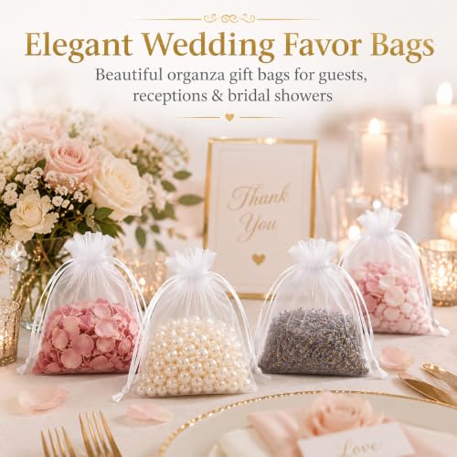 100pcs White Organza Drawstring Gift Bags 5x7 Inch Mesh Pouches