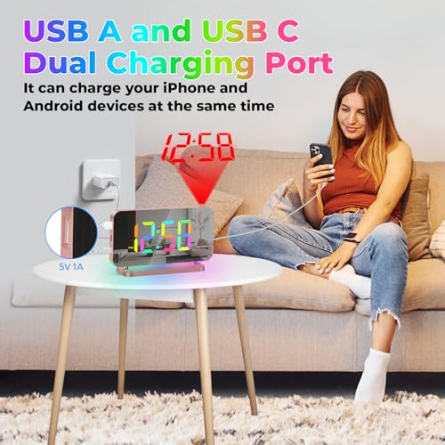 Digital Projection Alarm Clock with RGB Night Light and USB C Charging Port