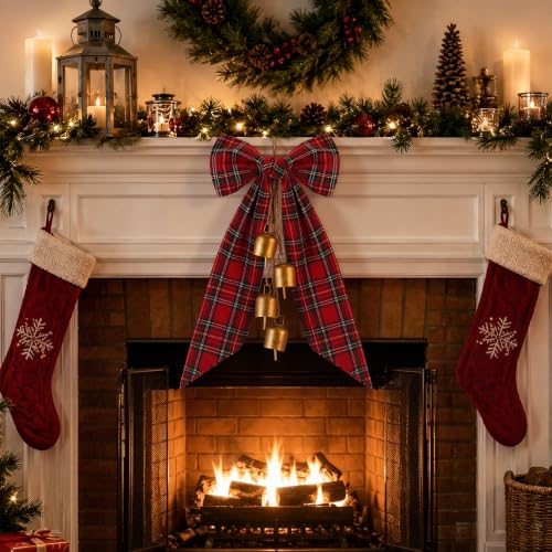 18 Inch Christmas Bow with Cow Bells and Tartan Plaid for Tree Decor