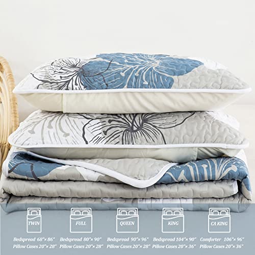 California King Floral Quilt Set - 3-Piece Blue Boho Bedspread
