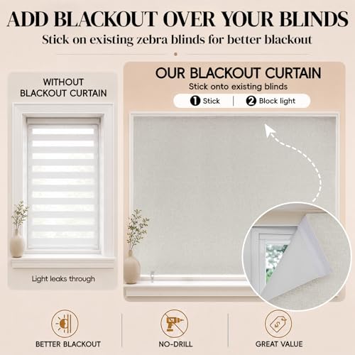 100% Blackout Roller Shades, No-Drill Adhesive Blinds - 35" W x 63" H Light Beige