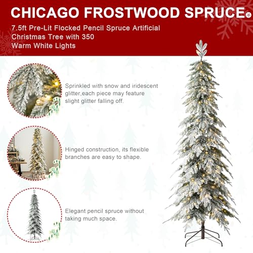 Glitzhome 7.5ft Flocked Pencil Spruce Pre-Lit Christmas Tree with 350 Warm White Lights