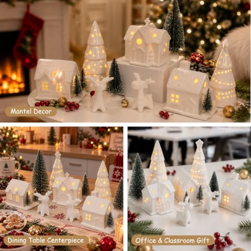 12-Piece White Ceramic Christmas Village Set with Light-Up Houses and Trees
