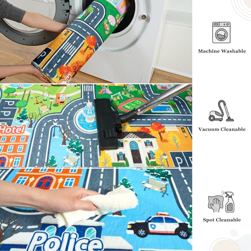 Kids City Road Play Mat - 4' x 5' Non-Slip Washable Toy Car Track Rug