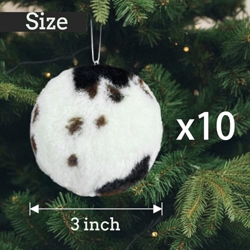 ElegantPark Ball Cowhide Christmas Ornaments Set of 10 - 3 inch Farmhouse Xmas Decor, White