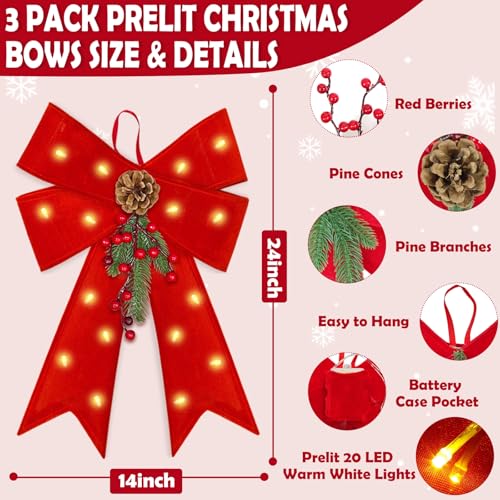 3 Pack Large Prelit Christmas Bows with LED Lights, Berries, Pinecones & Remote Control