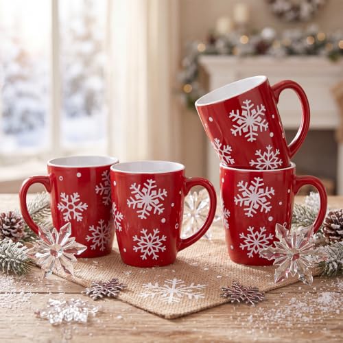 Bokon 4-Piece 12oz Snowflake Ceramic Mugs Set, Red