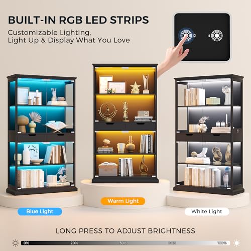 4-Tier Glass Display Cabinet with RGB Lights, Motion Sensor & 2 Drawers