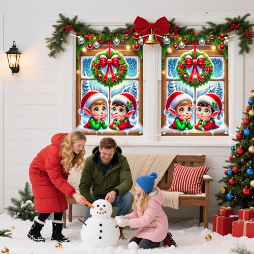 Nuxovilar Christmas Window Cover Holiday Banner 31x47in Elf Scene, Variation: CU01098